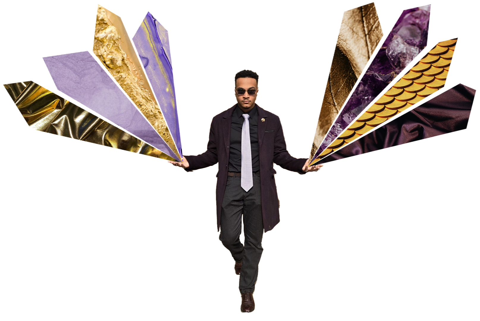 DK floating with collage gold and purple beams coming out of his hands.